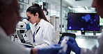 Science, research and woman in lab, microscope and dna testing with sample. People, scientist and forensic experts in workplace, equipment and experiment with biotech, review and feedback for results