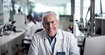 Mature, happy man or face of scientist on computer for test research, development or innovation. Confident, smile or medical science with biotechnology for pharma, microbiology and experiment in lab