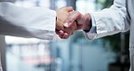 Handshake, medical and scientists in laboratory with collaboration for pharmaceutical innovation. Agreement, science and professional biologists shaking hands for healthcare partnership, deal or team
