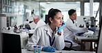 Writing, woman or scientist learning on computer for test research, development or innovation. Medical, technology or reading science report for pharma exam, microbiology or engineering in laboratory
