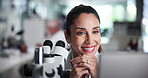 Microscope, woman and happy scientist on computer for research, development and experiment. Medical, science and doctor with technology for pharma, microbiology and check test results in laboratory