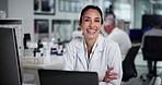 Face, happy woman or scientist on laptop for test research, development or innovation. Portrait, smile or medical science with biotechnology for pharma exam, microbiology or experiment results in lab