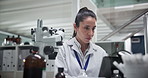 Microscope, woman and scientist on laptop for research, development and chemistry experiment. Medical, science and doctor on computer for pharma exam, microbiology or check test results in laboratory