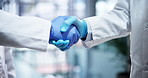 Handshake, medical and scientists in laboratory with deal for pharmaceutical innovation. Agreement, science and professional biologists shaking hands for healthcare partnership, collaboration or team