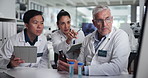 Computer, notebook and tablet with scientist people in laboratory for collaboration or discussion. Healthcare, medical sample and research with team at work on science breakthrough for innovation