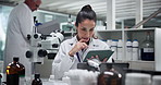 Development, woman and scientist on tablet for solution, research and chemistry experiment. Medical, science and worker thinking with technology for pharma exam, problem solving or idea in laboratory