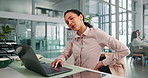 Business, laptop and woman with back pain in office for bad posture, muscle strain and discomfort. Corporate employee, person and stress for medical injury, inflammation and spinal pressure at desk
