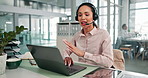 Call centre, customer service and woman with headset, laptop and telemarketing in business or talking. Communication, representative and person with tech for lead generation, consultation and sales