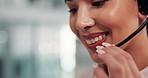 Call center, microphone and mouth of woman with talking for customer support, online assistance and help desk. Friendly agent, face and happy with lead generation, inbound query and FAQ discussion
