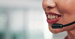 Call center, microphone and mouth of woman with consulting for customer service, FAQ or help desk. Friendly agent, lead generation and happy with inbound query, contact us or telemarketing discussion