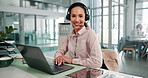 Face, customer service and woman with headset, laptop and smile for telemarketing in call centre and talking. Communication, operator and person with tech for lead generation, consultation and sales