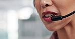 Call center, headset and mouth of woman with talking for customer support, online assistance and help desk. Telemarketing, lead generation and agent closeup with inbound query, advice and discussion