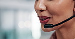 Business, mic and woman in office, closeup and call center with communication, customer service and help desk. Person, employee and worker with headphones, advice and consulting with telemarketing