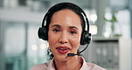 Call center, headset and face of woman with talking for customer support, virtual assistance and FAQ advice. Telemarketing, consultant POV and happy with lead generation, inbound query and contact us