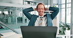 Office, businessman and laptop with happy for stretching, finish work and accountant for corporate. Workplace, male person and auditor with rest after auditing deadline, completed report and smile 