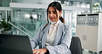 Office, businesswoman and accountant with laptop for typing, financial investment or information. Career, female person and auditor with digital for finance research, review revenue or reading report