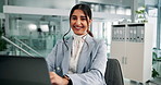 Face, businesswoman and accountant with laptop in office, financial investment and information. Career, female person and auditor in portrait for finance research, review revenue and digital report
