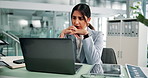 Laptop, thinking and review with business woman at desk in office for administration or research.  Computer, reading and planning with Indian employee in workplace for online feedback or report