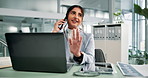 Feedback, laptop and phone call with business woman at desk in office for administration or research. Computer, conversation and review with Indian employee in workplace for online report or update