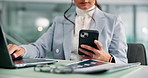 Hands, business and woman in office, cellphone and social media with connection, sales agency and message. Closeup, person and ad consultant in workplace, smartphone or email with feedback or contact
