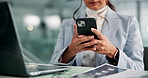 Hands, business and woman in office, smartphone and social media with connection, ad agency and texting. Closeup, person and sales consultant in workplace, cellphone or email with feedback or message