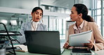 Office, business people and documents with laptop for feedback, finance and investment research. Teamwork, women and financial advisor with digital for risk management, review report and discussion