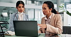 Office, teamwork and business people with laptop for feedback, finance and investment research. Collaboration, women and financial advisor with digital for risk management, review tips and discussion
