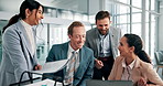 Business people, happy team and discussion of ideas on laptop, training or document for accounting. Meeting, talking and planning on computer for brainstorming, audit and financial manager in office