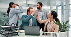 Celebration, high five and group with laptop, success and achievement for business and financial growth. Accomplishment, excited and people with tech for project, accountant and win for company