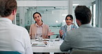 Business people, meeting and group brainstorming in office, solution or proposal pitch for accounting. Discussion, collaboration and team planning strategy for profit growth with financial manager