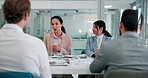 Business woman, meeting and ideas in office, brainstorming solution or proposal pitch for accounting. Group, collaboration or planning strategy for profit growth or discussion with financial manager