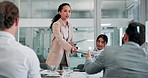 Meeting, paperwork and woman with report for business people for feedback, project and finance review. Professional, corporate and men and women with documents for discussion, teamwork and planning