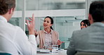 Business woman, meeting and discussion with question in office, hand raised or accounting query. Talking, collaboration and team planning strategy for budget, back and financial manager with answer