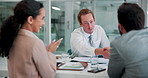 Handshake, agreement and business people in office, job interview and promotion with deal. Employees, professional or woman with thank you, shaking hands or hiring with smile, success and achievement