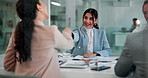 Handshake, agreement and business people in office, job interview and thank you with b2b deal. Employees, professional and woman with success, shaking hands and hiring with promotion and recruitment