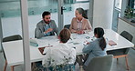 Business people, group and discussion with document in top view, brainstorming and financial charts. Meeting, office and planning strategy with paperwork, investment data or performance stats above