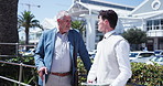 Discussion, business people and men in city, tablet or connection with public survey. Outdoor, employees or tech with communication, feedback or app for stats, conversation or review for city service