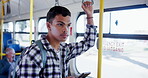 Student, man and commute with phone on bus for university journey, morning travel and location stop. Gen z person, backpack and leaving public vehicle for destination, routine and college shuttle