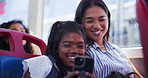Bus, mother and girl with smartphone, smile and bonding together with city service. Family, parent and mama with daughter, cellphone and online game with app, mobile user and public transportation