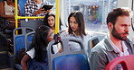 Trip, mother and child travel on bus with talking, morning commute and weekend adventure. Bonding, woman and girl kid on public transport with support, discussion and journey chat for holiday break