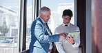 Business, people and waiting at bus stop with tablet for morning commute, schedule mistake and stress. Public transport, station and men with digital app for travel route, checking info or ride delay