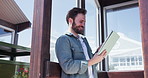 Bus, travel and man at station on tablet waiting for journey, commute and service in city. Public transport, stop and person on digital tech for internet, online schedule and connection in town