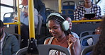 Music, headphones and woman in bus for travel, journey and streaming sound on morning commute. Public transportation, audio and person listening to song, radio playlist and happy passenger relax