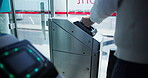 Hands, passenger and smartphone payment for public transport, easy tap system and city commute. Travel, person and digital purchase at bus terminal for virtual ticket, contactless machine and fintech