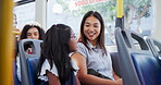 Happy, mother and child travel on bus with talking, city commute and sightseeing adventure. Bonding, woman and curious girl on public transport for family trip, discussion or journey on weekend break