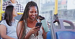 Texting, bus and woman with smartphone, commuting or journey to university in morning, tea or vehicle. City, passenger and person with mobile in public transport, smile or student with coffee on trip