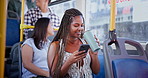 Bus, drink and woman with phone in city for journey, commute and trip to college and university. Public transport service, student and person on smartphone for social media, internet and website