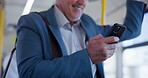 Business man, hands and phone on bus for typing text message, laughing and social media meme. Travel, morning commute and mature person with smartphone for streaming service and reading funny post