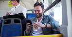 Happy businessman, phone or bus with coffee for travel, morning commute or social media in public transport. Male person, traveler and smile with mobile smartphone, drink or caffeine for tourism ride