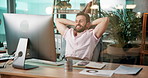 Computer, relax and web development with man coding software in office for launch or testing. Break, programming and hands behind head with developer employee at desk in workplace for infrastructure